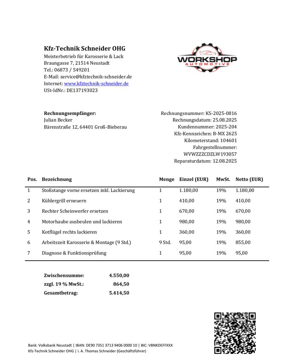 Repair invoice KS-2025-0816 submitted with the wildlife collision claim